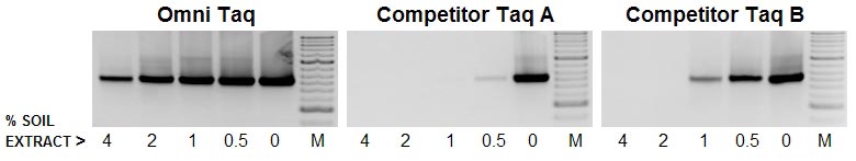OmniTaq outperforms two competitors, tolerating up to 4% soil extract with no DNA purification.